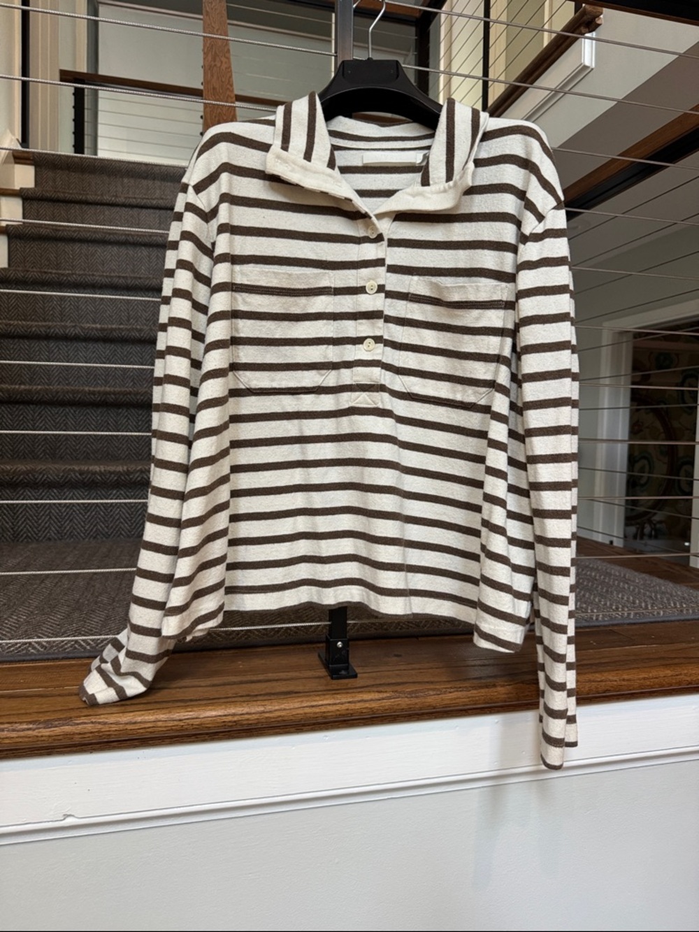 Striped Collared Pullover Rugby Shirt in Cream and Brown